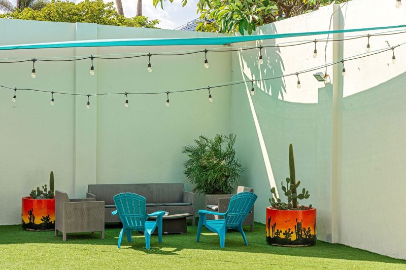 Lounge corner with string lights